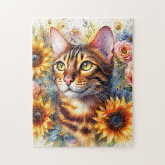 Bengal Cat Floral Watercolor Jigsaw Puzzle