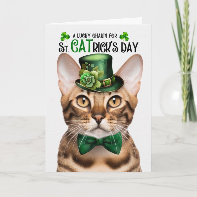 Bengal Cat Funny St. CATrick's Day Lucky Charm Holiday Card (Front)