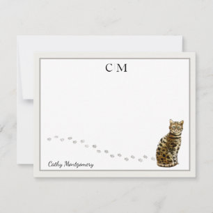 Bengal Cat Grey Border Monogram and Name Flat Card