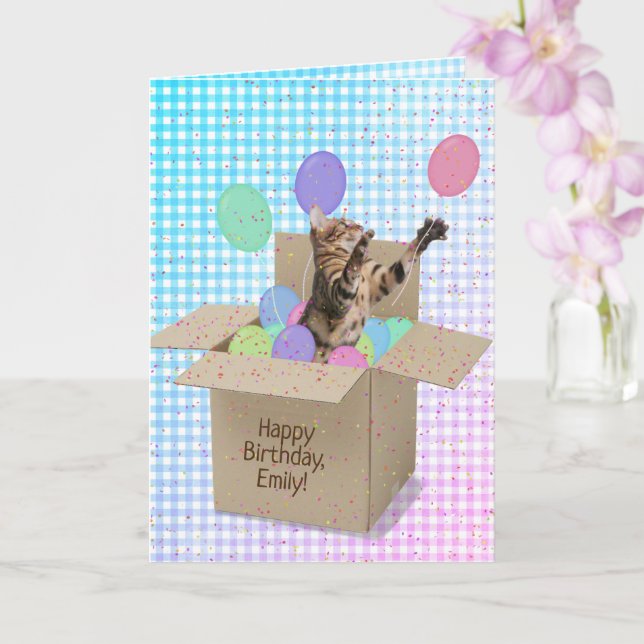 Bengal cat in box birthday card (Orchid)