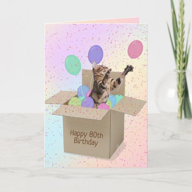 Bengal cat in carton box 80th birthday card (Front)