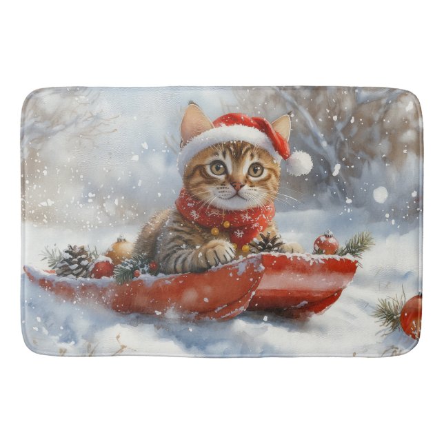 Bengal Cat in Sledge Let it Snow Christmas Bath Mat (Front)