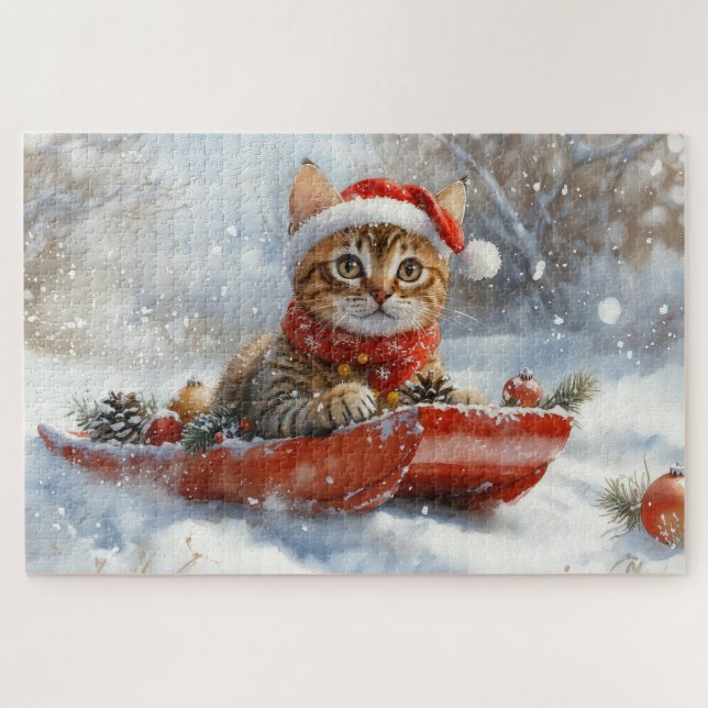 Bengal Cat in Sledge Let it Snow Christmas Jigsaw Puzzle (Horizontal)