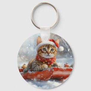 Bengal Cat in Sledge Let it Snow Christmas Key Ring