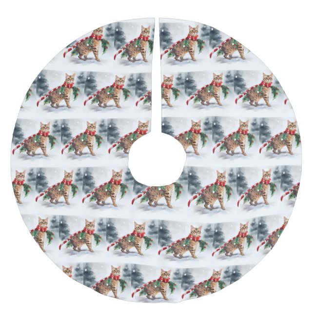 Bengal Cat in Snow Christmas  Brushed Polyester Tree Skirt (Front)