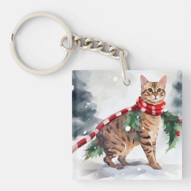 Bengal Cat in Snow Christmas  Key Ring (Front)