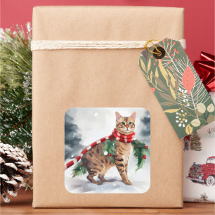 Bengal Cat in Snow Christmas  Square Sticker
