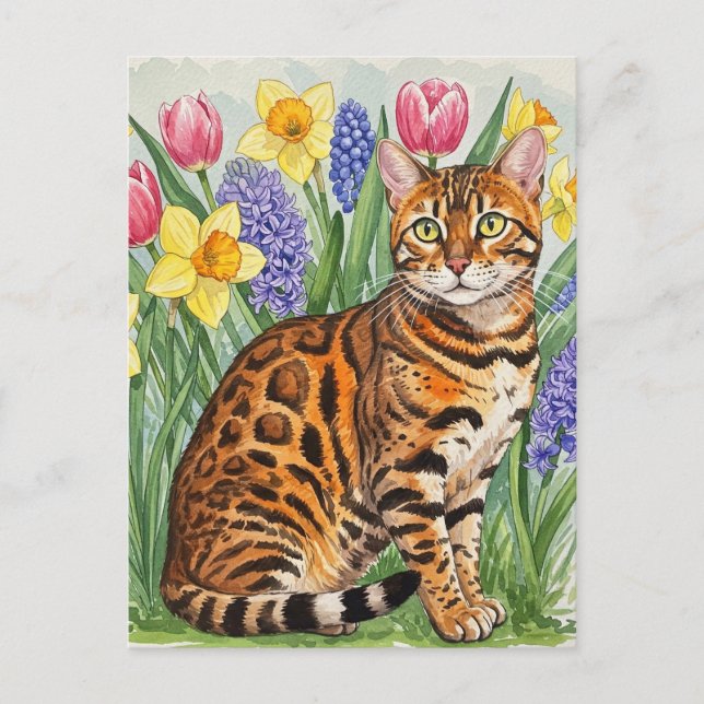 Bengal Cat in Spring Flower Postcard (Front)