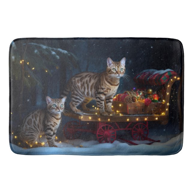 Bengal Cat Snowy Sleigh Ride Christmas Decor  Bath Mat (Front)