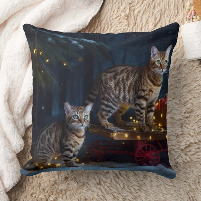 Bengal Cat Snowy Sleigh Ride Christmas Decor  Cushion (Blanket)