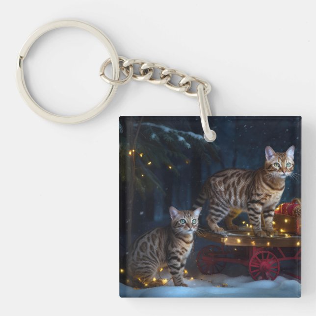 Bengal Cat Snowy Sleigh Ride Christmas Decor  Key Ring (Front)
