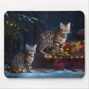 Bengal Cat Snowy Sleigh Ride Christmas Decor Mouse Pad