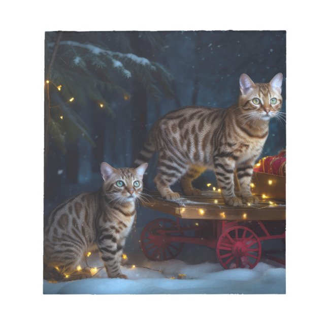 Bengal Cat Snowy Sleigh Ride Christmas Decor  Notepad (Front)