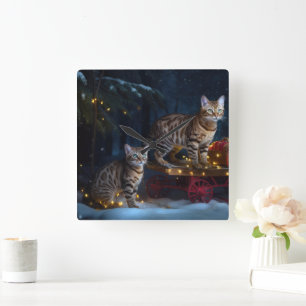 Bengal Cat Snowy Sleigh Ride Christmas Decor Square Wall Clock