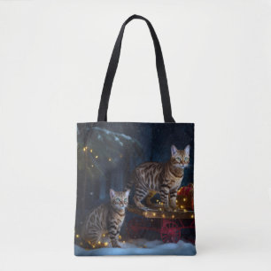 Bengal Cat Snowy Sleigh Ride Christmas Decor Tote Bag