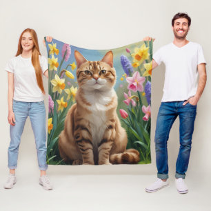 Bengal Cat Spring Flowers Painting Fleece Blanket