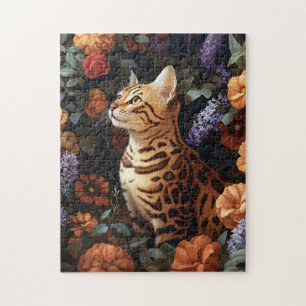 Bengal Cat Surrounded by Beautiful Flowers Jigsaw Puzzle
