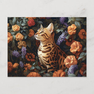 Bengal Cat Surrounded by Beautiful Flowers Postcard