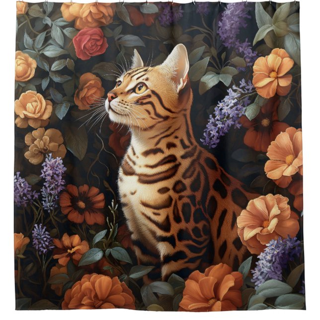 Bengal Cat Surrounded by Beautiful Flowers Shower Curtain (Front)