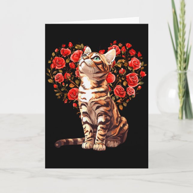 Bengal Cat Valentines Day Floral Heart Design For  Card (Front)