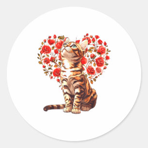 Bengal Cat Valentines Day Floral Heart Design For Classic Round Sticker