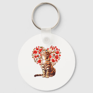 Bengal Cat Valentines Day Floral Heart Design For Key Ring