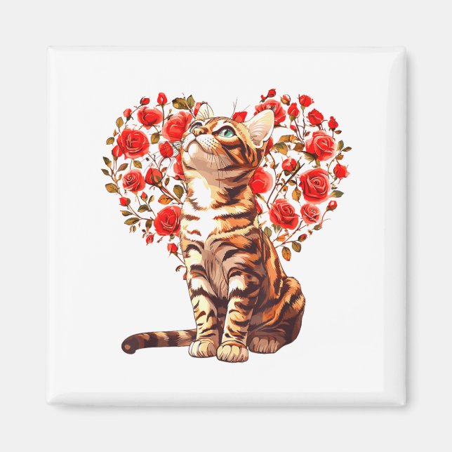 Bengal Cat Valentines Day Floral Heart Design For  Magnet (Front)