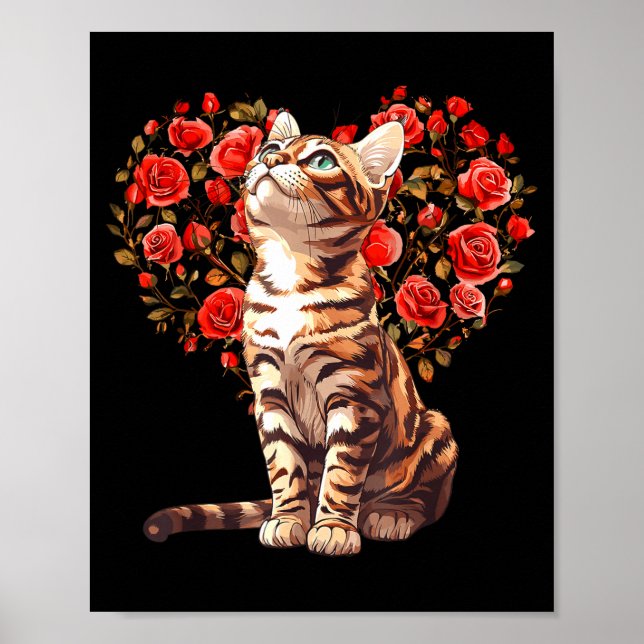 Bengal Cat Valentines Day Floral Heart Design For  Poster (Front)