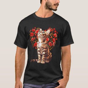 Bengal Cat Valentines Day Floral Heart Design For  T-Shirt