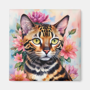 Bengal Cat Watercolor Floral Art Magnet