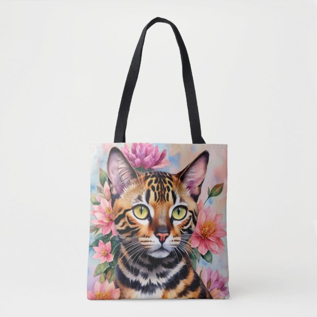 Bengal Cat Watercolor Floral Art Tote Bag (Front)