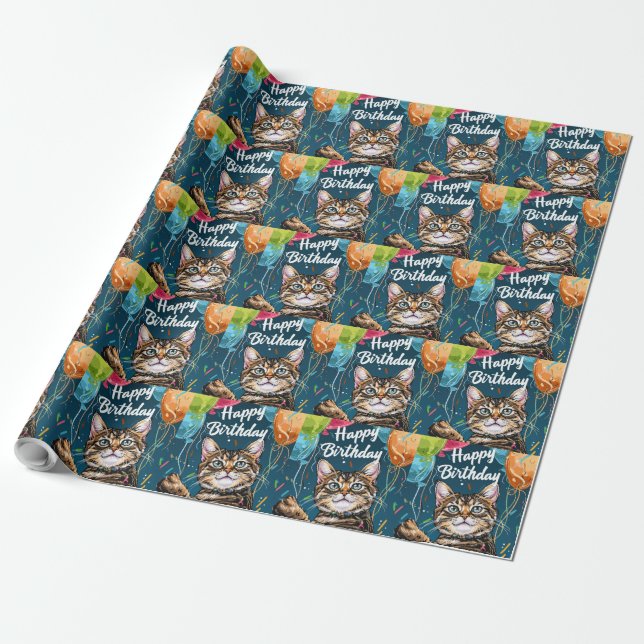 Bengal Cat with Balloons Wrapping Paper (Unrolled)
