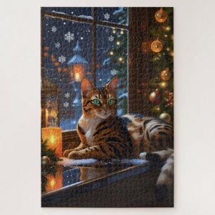 Bengal Cat With Christmas Lights Holiday Jigsaw Puzzle