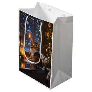 Bengal Cat With Christmas Lights Holiday Medium Gift Bag