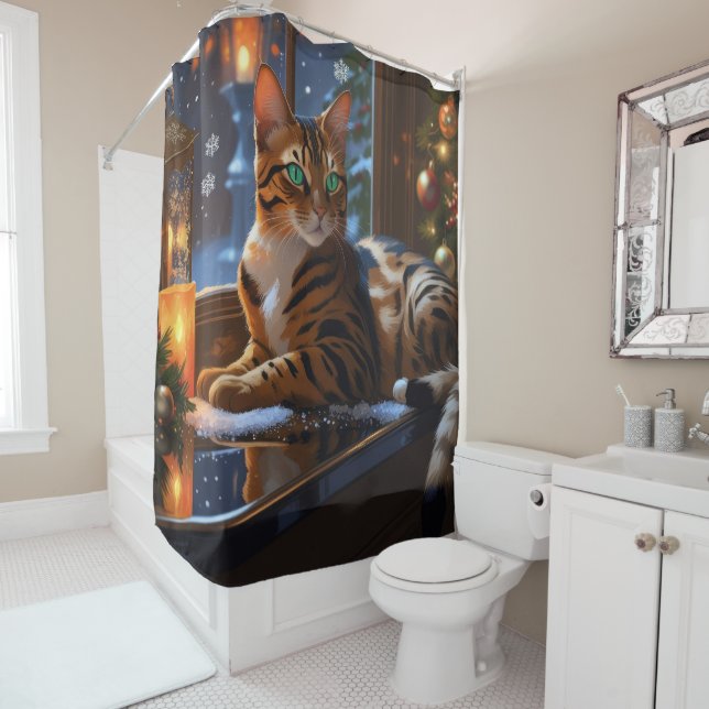 Bengal Cat With Christmas Lights Holiday Shower Curtain (In Situ)