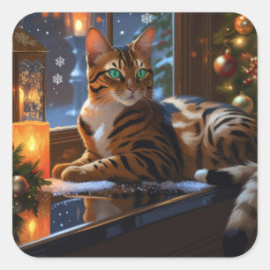 Bengal Cat With Christmas Lights Holiday Square Sticker
