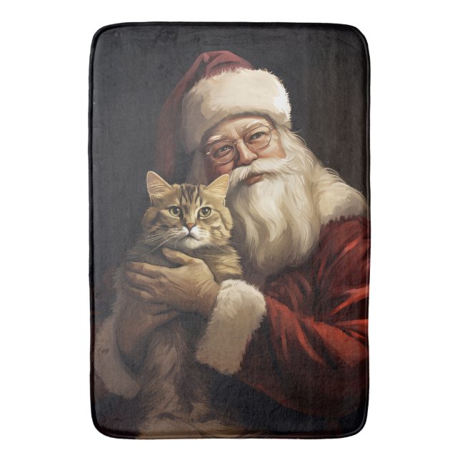 Bengal Cat with Santa Claus Festive Christmas Bath Mat (Front Vertical)