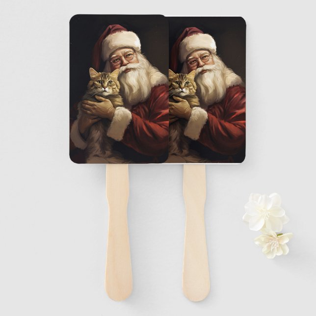 Bengal Cat with Santa Claus Festive Christmas Hand Fan (Front and Back)