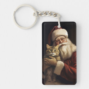Bengal Cat with Santa Claus Festive Christmas Key Ring