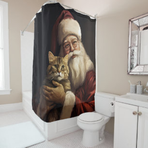 Bengal Cat with Santa Claus Festive Christmas Shower Curtain