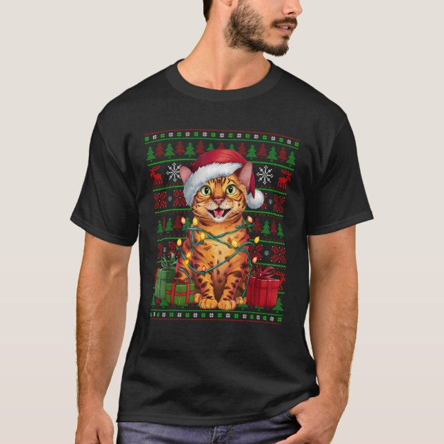Bengal Cat Xmas Lights Ugly Santa Hat Bengal Cat C T-Shirt (Front)