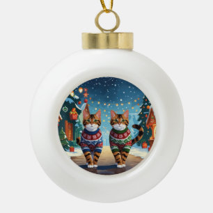 Bengal Cats Christmas Snow Holiday Ceramic Ball Christmas Ornament