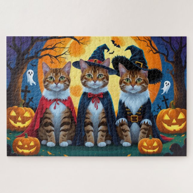 Bengal Cats Pumpkin Halloween Funny Jigsaw Puzzle (Horizontal)