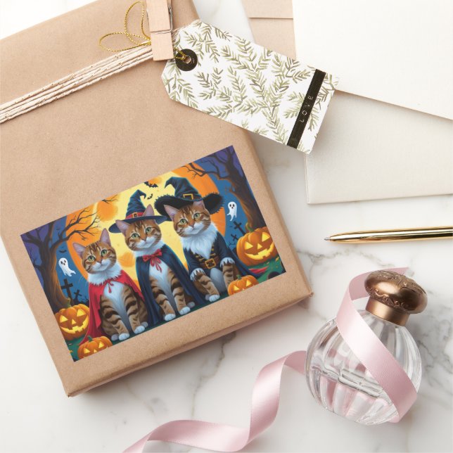 Bengal Cats Pumpkin Halloween Funny Rectangular Sticker (Gifting)