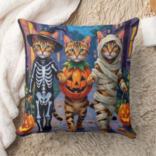 Bengal Cats Trick-or-Treating in Halloween Costume Cushion