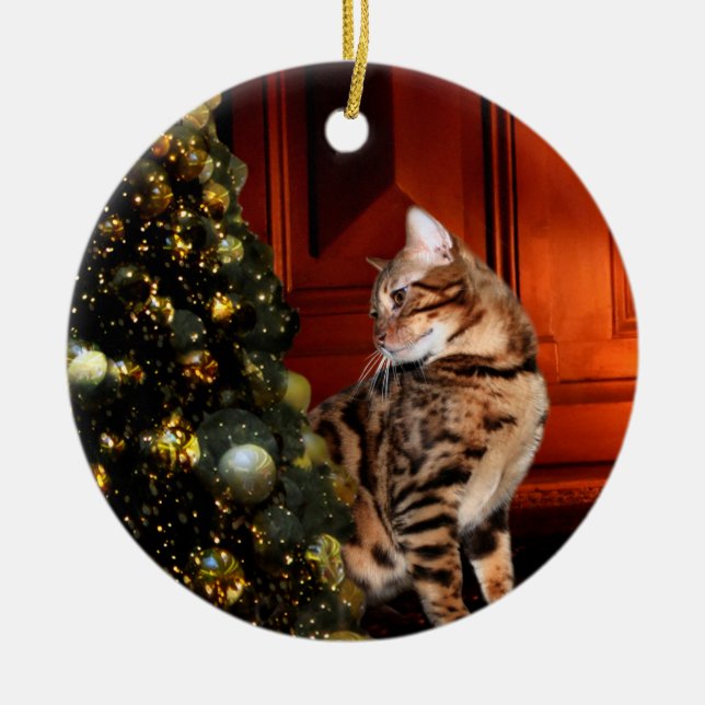 Bengal Kitty Christmas Ceramic Ornament (Front)