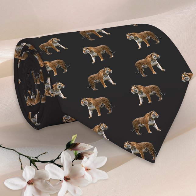 Bengal Tiger Black Elegant Wildlife Animal Pattern Tie (A stylish tie with a pattern of Bengal tigers on a black background)