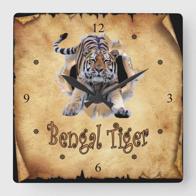 Bengal Tiger Breaks Through Paper Bag Clock! ~ Square Wall Clock (Front)