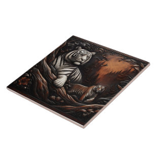 Bengal Tiger Family Among Forest Foliage Ceramic Tile