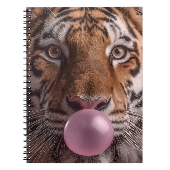 Bengal Tiger Portrait Blowing Pink Bubblegum Notebook (Front)